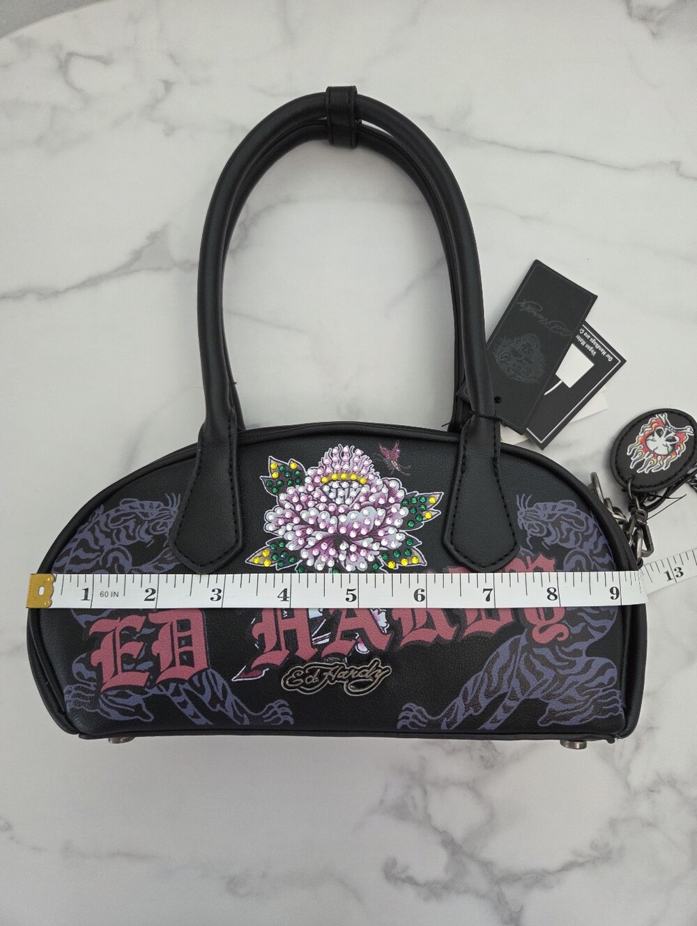 Ed Hardy Tiger Rose Tattoo Black Vegan Leather Barrel Bag NWT Charms Edgy - Picture 15 of 16